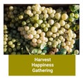 Harvest, happiness, gathering text for thanksgiving with white grapes growing on vine