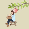 Harvest Happiness: Woman on Bench with Apple Basket and Dewy Fruit