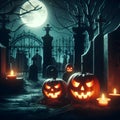 Jack O' Lanterns Bring Spooky Charm to the Graveyard on a Moonlit Night. Generative ai for illustrations