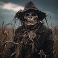 Harvest of Haunts: Sinister Scarecrow Guards Cornfield with Skull Face