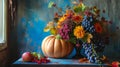 Harvest Hues: An Autumn Still Life with Bouquet of Flowers, Grapes, and Pumpkin Royalty Free Stock Photo