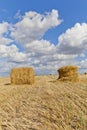 Harvest landscape with straw bales amongst fields in autumn Royalty Free Stock Photo