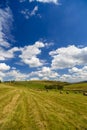 A harvest landscape vista in rolling hills in Romania with round Royalty Free Stock Photo
