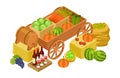 Harvest market concept. Isometric fresh farm products. Vector craft wine, organic vegetables, fruits