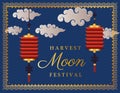 Harvest moon festival with red lanterns clouds and frame vector design Royalty Free Stock Photo