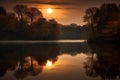 harvest moon reflecting on a calm lake, surrounded by trees