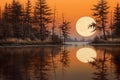 harvest moon reflecting on a calm lake, surrounded by trees