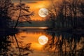 harvest moon reflecting on a calm lake, surrounded by trees