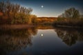 harvest moon reflections on the calm surface of a lake Royalty Free Stock Photo