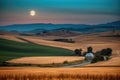 harvest moon shining over rolling hills and crops