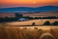 harvest moon shining over rolling hills and crops