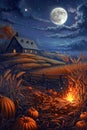 Harvest moonlit night over pumpkin and corn fields with stars, barn, and bonfire Royalty Free Stock Photo