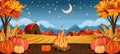 Harvest moonlit night over pumpkin, corn, wheat fields with barn, stars, bonfire for nostalgic charm