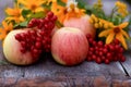 natural apples viburnum decorated with wildflowers on vintage wooden gray white background from old boards