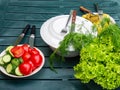 Harvest Organic vegetables, salad, dill on country table. Rustic setting