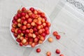 Harvest of pink sweet cherries. Freshly picked cherry fruits in white bowl on table. Delicious, juicy, sweet organic bird cherrys