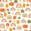 Harvest pumpkin pattern. Pumpkin background, autumn rainbows, cute hand drawn rainbow, autumn seamless print Royalty Free Stock Photo