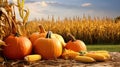 harvest pumpkins and corn Royalty Free Stock Photo