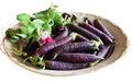 Harvest of purple pea pods in a plate isolated Royalty Free Stock Photo