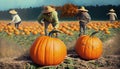 harvest of ripe pumpkins on the field