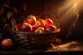 Harvest of ripe red and yellow apples in a wicker basket on a dark wooden background in the rays of sunlight Royalty Free Stock Photo