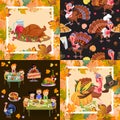 Harvest set, organic foods like fruit and vegetables, happy thanksgiving dinner background, vector illustration