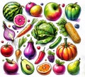 Harvest Spectrum: A Vibrant Illustration of Fruits and Vegetables background or pattern