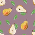 Harvest sweet pears with leaves fruit gouache illustration freehand drawn seamless pattern. Food pattern, painted manually on tan