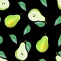 Harvest sweet pears with leaves fruit gouache illustration freehand drawn seamless pattern. Food pattern for wallpaper, background