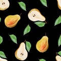 Harvest sweet pears with leaves fruit gouache illustration freehand drawn seamless pattern. Food pattern for wallpaper