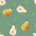 Harvest sweet pears with leaves fruit gouache illustration freehand drawn seamless pattern on pale green background. Food pattern