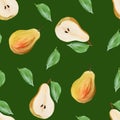 Harvest sweet pears with leaves fruit gouache illustration on green background freehand drawn seamless pattern. Food pattern,
