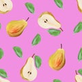 Harvest sweet pears with leaves fruit gouache illustration on pink backround freehand drawn seamless pattern. Food pattern,