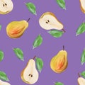 Harvest sweet pears with leaves fruit on lilac background gouache illustration freehand drawn seamless pattern. Food pattern,