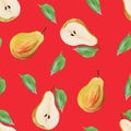 Harvest sweet pears with leaves on red background fruit gouache illustration freehand drawn seamless pattern. Food pattern,