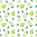 Harvest sweet pears with leaves on white background fruit gouache illustration freehand drawn seamless pattern. Food pattern,