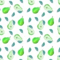 Harvest sweet pears with leaves on white background fruit gouache illustration seamless pattern. Food pattern for wallpaper,
