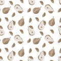 Harvest sweet pears with leaves on white background gouache illustration seamless pattern. Food pattern for wallpaper, background