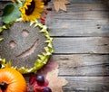 Harvest Thanksgiving autumn fall background with happy sunflower fruits and vegetables Royalty Free Stock Photo