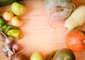 Harvest or Thanksgiving background with autumn fruits and gourds on a rustic wooden table Royalty Free Stock Photo