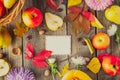 Harvest or Thanksgiving background with autumnal fruits, flowers, gourd and greeting card on a rustic wooden table. Autumn vintage Royalty Free Stock Photo