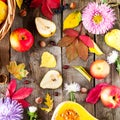 Harvest or Thanksgiving background with autumnal fruits, flowers, leaves, pumpkin, nuts and berries on the rustic wooden table. Au Royalty Free Stock Photo