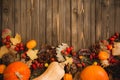 Harvest or Thanksgiving background with autumnal fruits and gourds on rustic wooden table Royalty Free Stock Photo