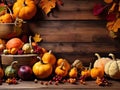 Harvest or Thanksgiving background with autumnal fruits and gourds on a rustic wooden table Ultra HD. Generative Ai. Ai Generated. Royalty Free Stock Photo