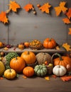 Harvest or Thanksgiving background with autumnal fruits and gourds on a rustic wooden table Ultra HD. Generative Ai. Ai Generated. Royalty Free Stock Photo