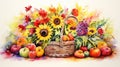 Harvest, thanksgiving day watercolor background. Festive autumn decor of ripe vegetables and fruits in vintage style Royalty Free Stock Photo