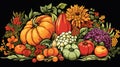 Harvest, thanksgiving day watercolor background. Festive autumn decor of ripe vegetables and fruits in vintage style Royalty Free Stock Photo