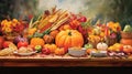 Harvest, thanksgiving day watercolor background. Festive autumn decor of ripe vegetables and fruits in vintage style Royalty Free Stock Photo