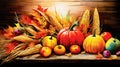 Harvest, thanksgiving day watercolor background. Festive autumn decor of ripe vegetables and fruits in vintage style Royalty Free Stock Photo