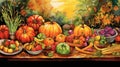 Harvest, thanksgiving day watercolor background. Festive autumn decor of ripe vegetables and fruits in vintage style Royalty Free Stock Photo